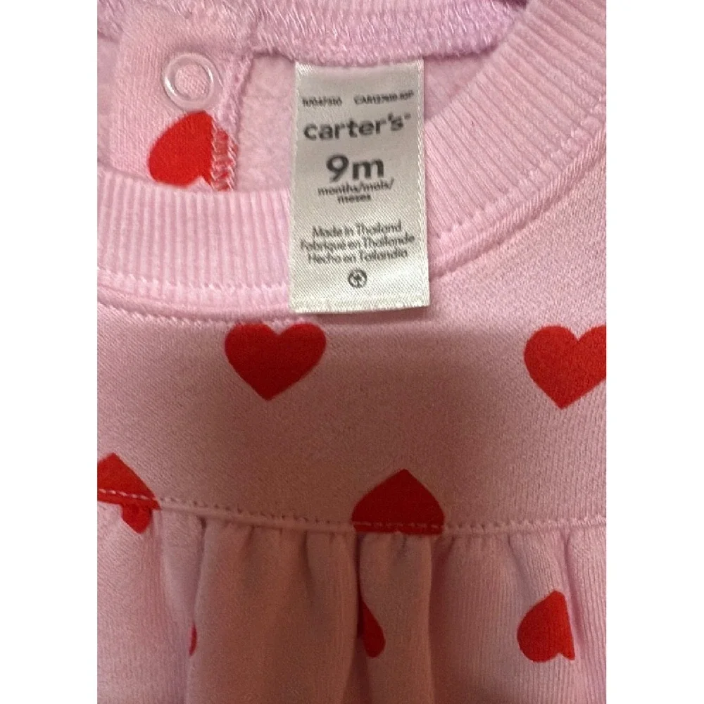 Carters Baby Girl Pink Red Heart Fleece Ruffle Jumpsuit Romper 9M